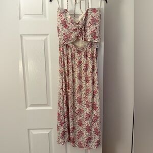 Wayf Pink and Cream Floral Backless Dress